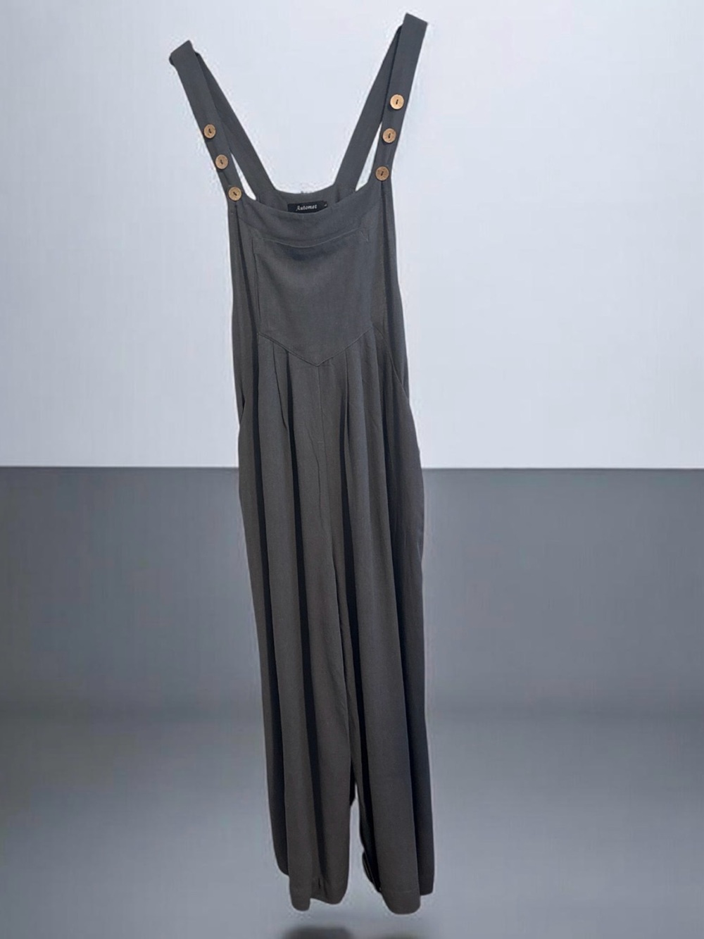 AUTOMET Wide Leg Jumpsuit Overalls Charcoal Gray Button Strap Casual Romper L